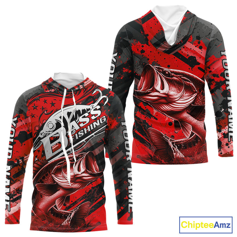 Custom Name Red Camo Bass Fishing, Largemouth Bass Long Sleeve Hooded Fishing