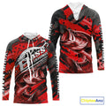 Custom Name Red Camo Bass Fishing, Largemouth Bass Long Sleeve Hooded Fishing