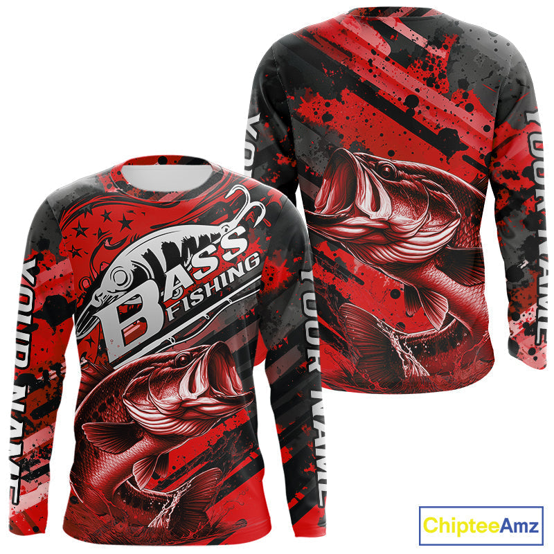 Custom Name Red Camo Bass Fishing, Largemouth Bass Long Sleeve Hooded Fishing