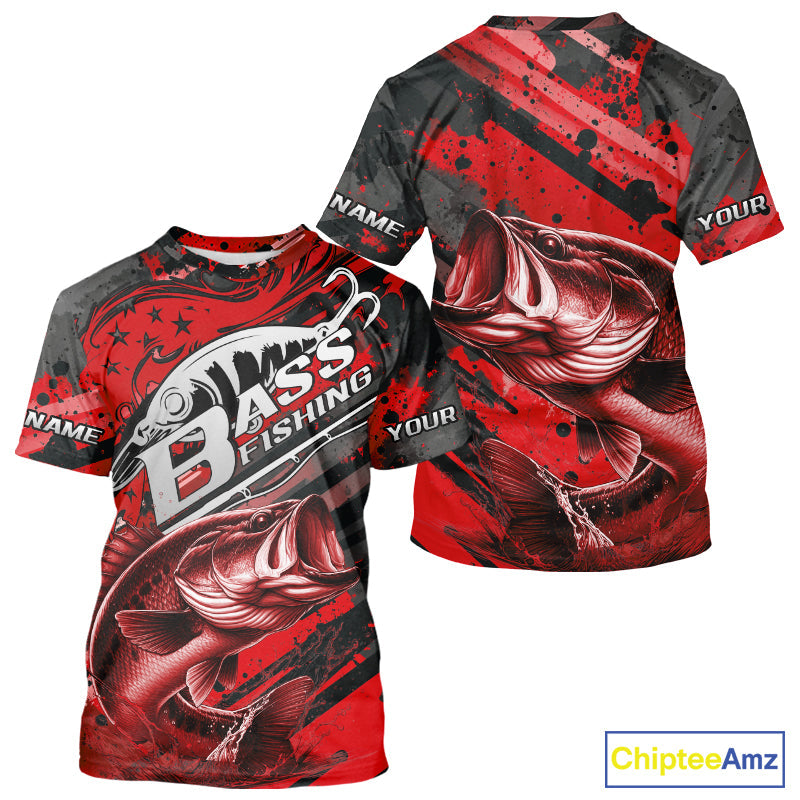 Custom Name Red Camo Bass Fishing, Largemouth Bass Long Sleeve Hooded Fishing
