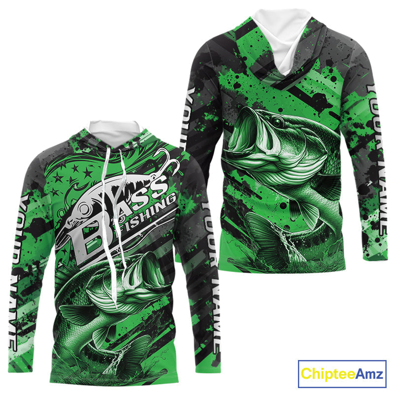 Custom Name Green Camo Bass Fishing, Largemouth Bass Long Sleeve Hooded Fishing