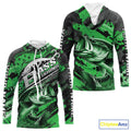 Custom Name Green Camo Bass Fishing, Largemouth Bass Long Sleeve Hooded Fishing