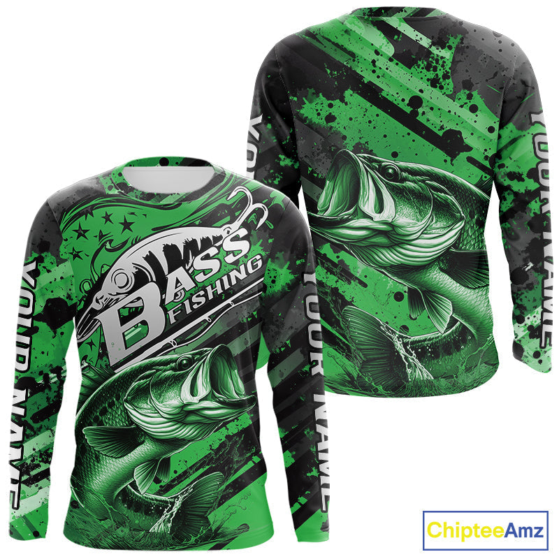Custom Name Green Camo Bass Fishing, Largemouth Bass Long Sleeve Hooded Fishing
