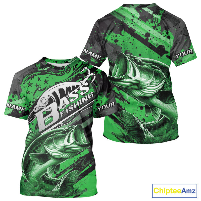 Custom Name Green Camo Bass Fishing, Largemouth Bass Long Sleeve Hooded Fishing