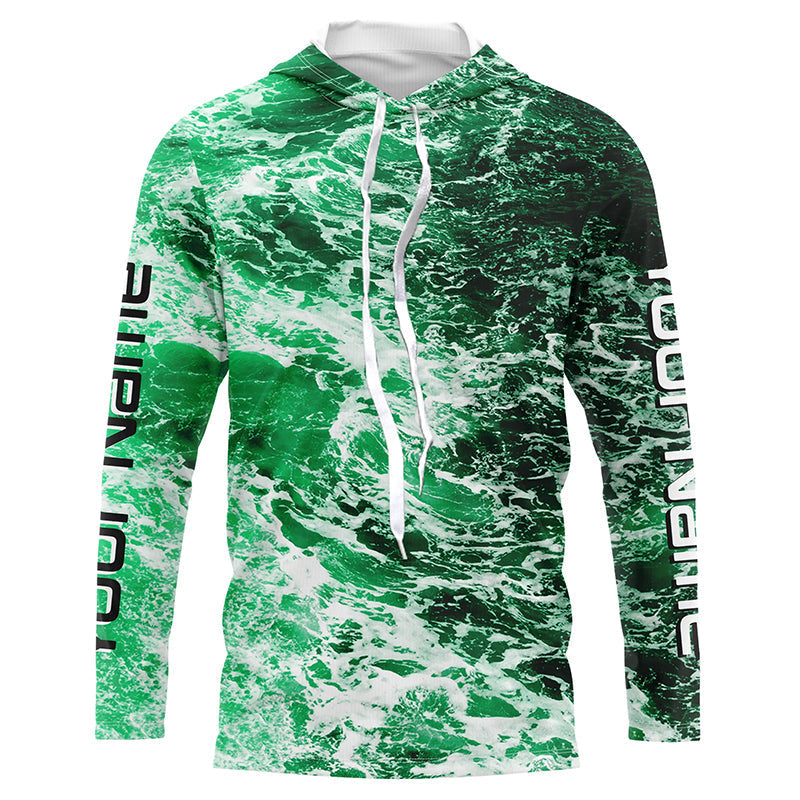 Custom Saltwater Long Sleeve Fishing Uv Protection, Sea Wave Camo Fishing | Green