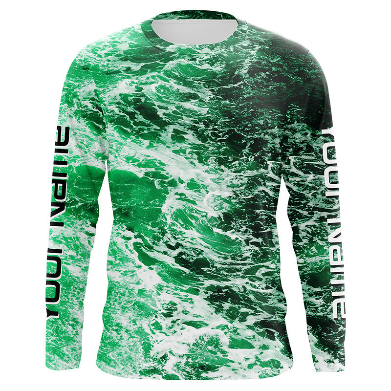 Custom Saltwater Long Sleeve Fishing Uv Protection, Sea Wave Camo Fishing | Green