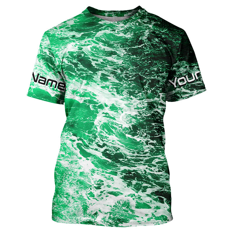 Custom Saltwater Long Sleeve Fishing Uv Protection, Sea Wave Camo Fishing | Green