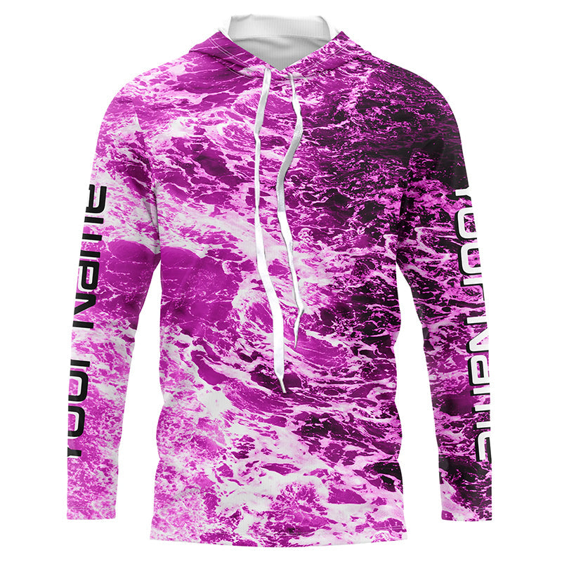 Custom Saltwater Long Sleeve Fishing Uv Protection, Sea Wave Camo Fishing | Pink