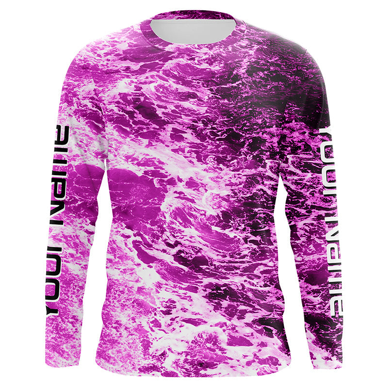 Custom Saltwater Long Sleeve Fishing Uv Protection, Sea Wave Camo Fishing | Pink
