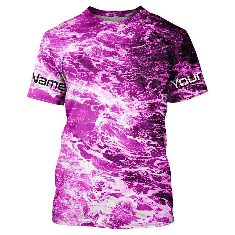 Custom Saltwater Long Sleeve Fishing Uv Protection, Sea Wave Camo Fishing | Pink