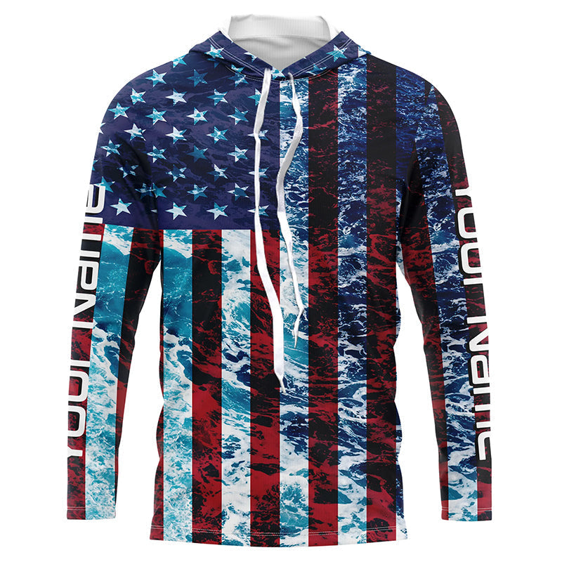 Custom Saltwater Long Sleeve Uv Fishing, American Flag Sea Wave Camo Fishing