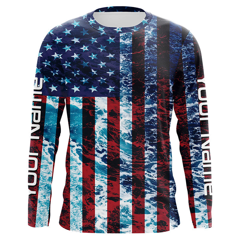 Custom Saltwater Long Sleeve Uv Fishing, American Flag Sea Wave Camo Fishing