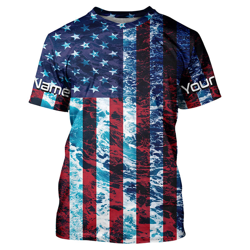 Custom Saltwater Long Sleeve Uv Fishing, American Flag Sea Wave Camo Fishing