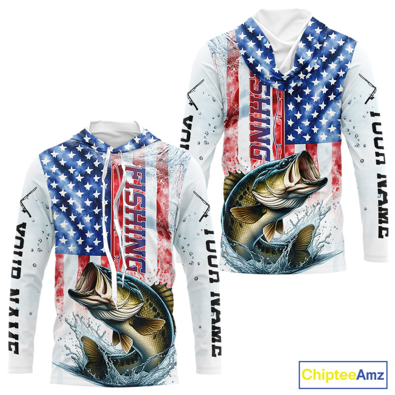 Custom Patriotic Largemouth Bass US Flag Long Sleeve Hooded Fishing, Bass Fishing