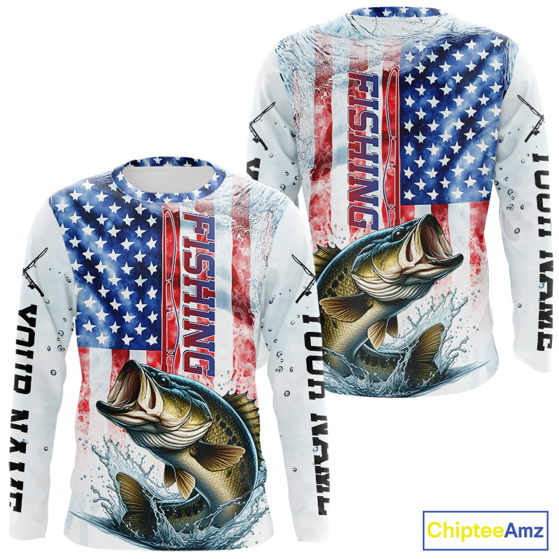 Custom Patriotic Largemouth Bass US Flag Long Sleeve Hooded Fishing, Bass Fishing