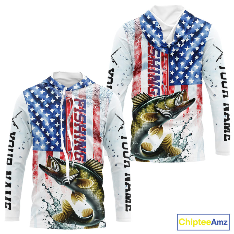 Custom Patriotic Walleye US Flag Long Sleeve Hooded Fishing, Walleye Fishing