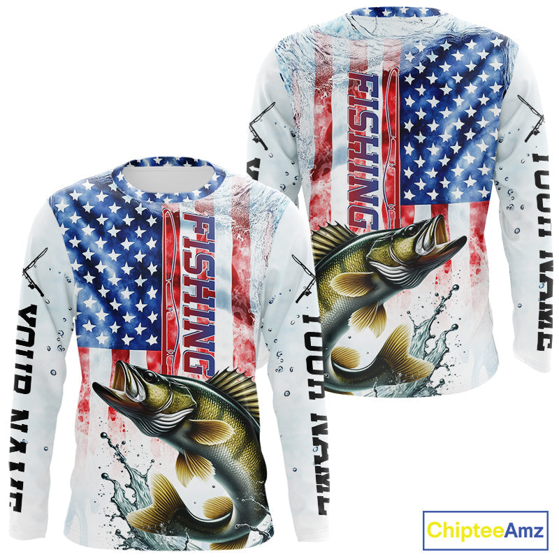 Custom Patriotic Walleye US Flag Long Sleeve Hooded Fishing, Walleye Fishing