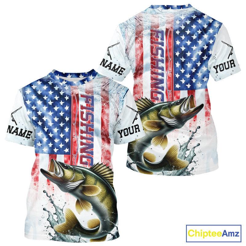 Custom Patriotic Walleye US Flag Long Sleeve Hooded Fishing, Walleye Fishing