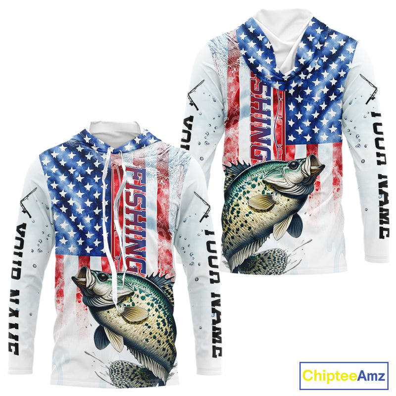 Custom Patriotic Crappie US Flag Long Sleeve Hooded Fishing, Crappie Fishing