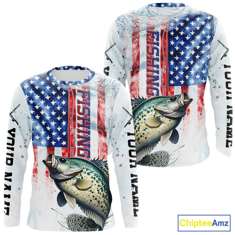 Custom Patriotic Crappie US Flag Long Sleeve Hooded Fishing, Crappie Fishing
