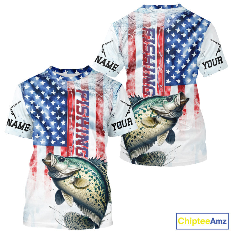Custom Patriotic Crappie US Flag Long Sleeve Hooded Fishing, Crappie Fishing
