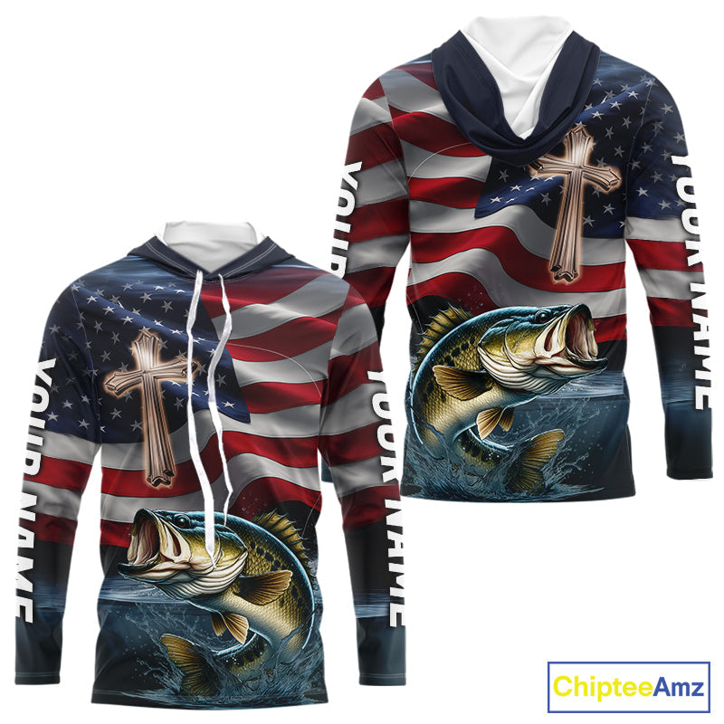 Custom American Flag Cross Faith Largemouth Bass Long Sleeve Hooded Tournament Fishing