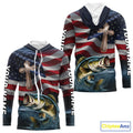 Custom American Flag Cross Faith Largemouth Bass Long Sleeve Hooded Tournament Fishing