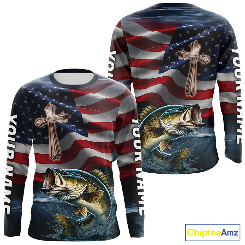 Custom American Flag Cross Faith Largemouth Bass Long Sleeve Hooded Tournament Fishing