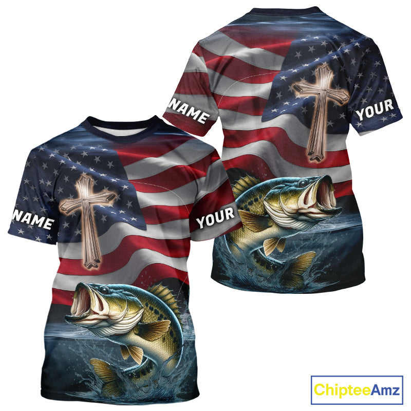 Custom American Flag Cross Faith Largemouth Bass Long Sleeve Hooded Tournament Fishing
