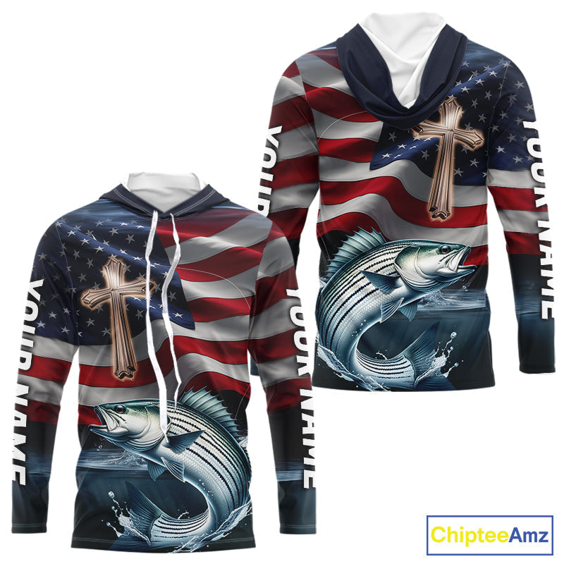Custom American Flag Cross Faith Striped Bass Long Sleeve Hooded Tournament Fishing