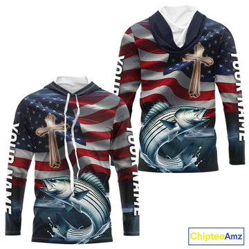 Custom American Flag Cross Faith Striped Bass Long Sleeve Hooded Tournament Fishing