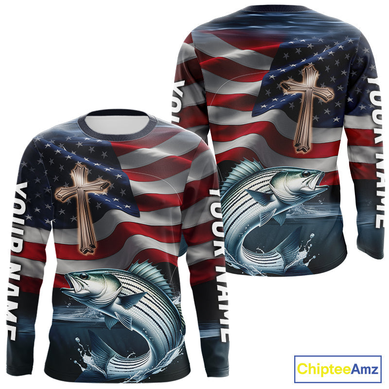 Custom American Flag Cross Faith Striped Bass Long Sleeve Hooded Tournament Fishing
