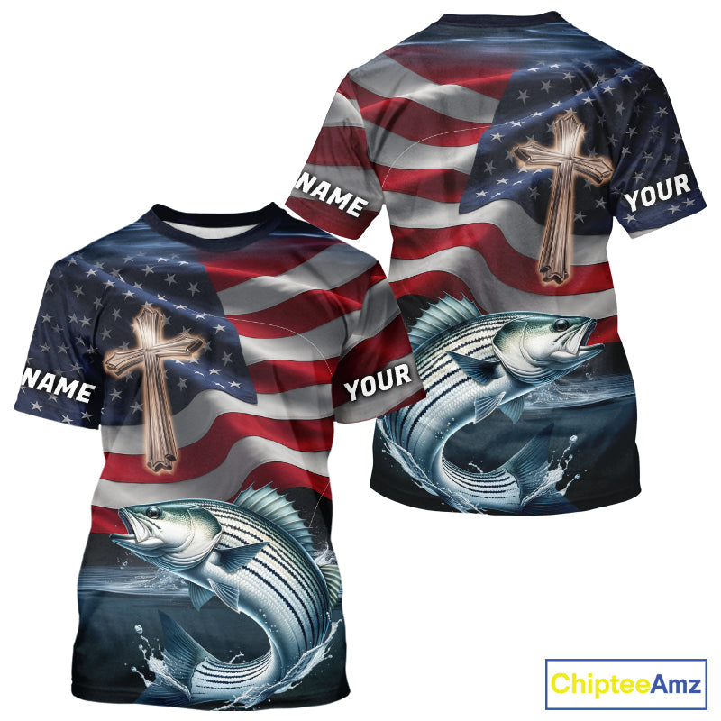 Custom American Flag Cross Faith Striped Bass Long Sleeve Hooded Tournament Fishing