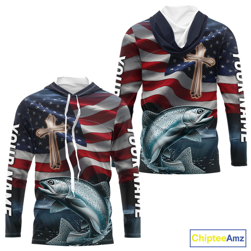Custom American Flag Cross Faith Chinook King Salmon Long Sleeve Hooded Tournament Fishing