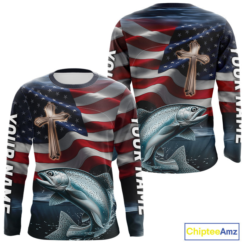 Custom American Flag Cross Faith Chinook King Salmon Long Sleeve Hooded Tournament Fishing