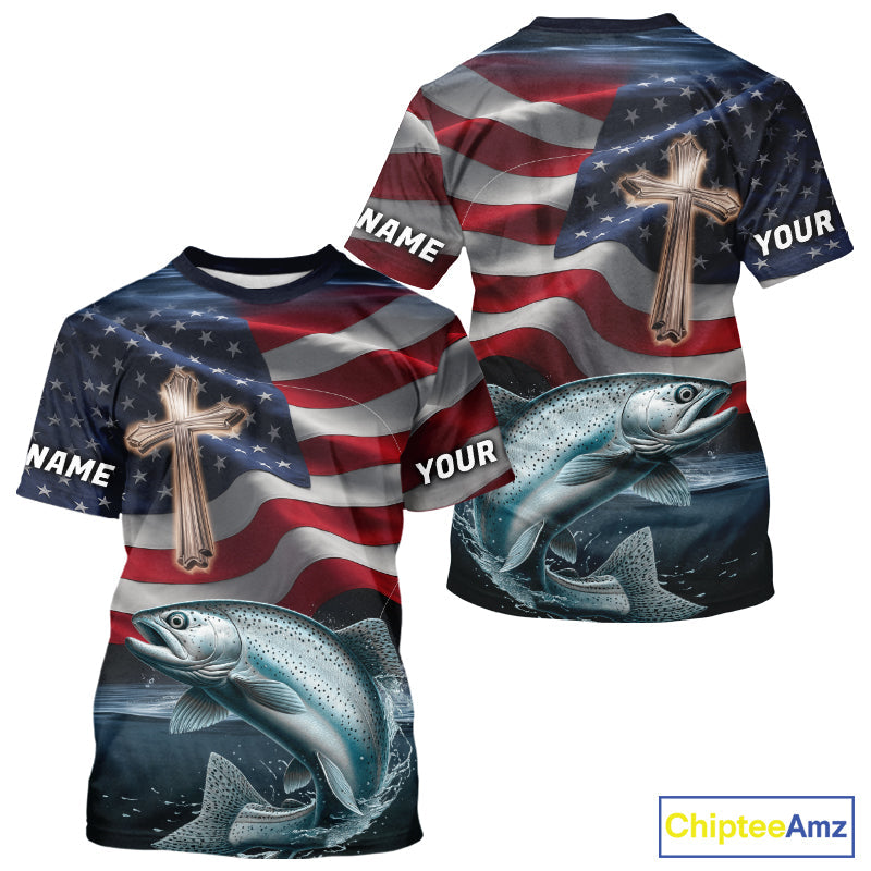 Custom American Flag Cross Faith Chinook King Salmon Long Sleeve Hooded Tournament Fishing