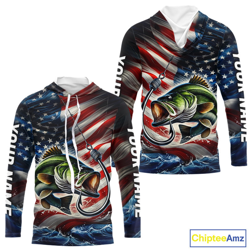 Custom Patriotic Largemouth Bass Long Sleeve Hooded Fishing, US Flag Fish Hook Bass