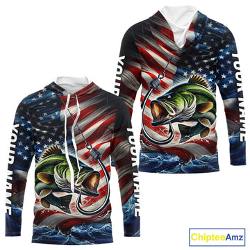 Custom Patriotic Largemouth Bass Long Sleeve Hooded Fishing, US Flag Fish Hook Bass