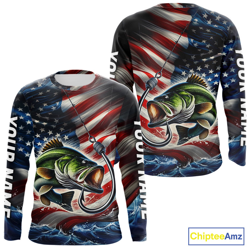 Custom Patriotic Largemouth Bass Long Sleeve Hooded Fishing, US Flag Fish Hook Bass