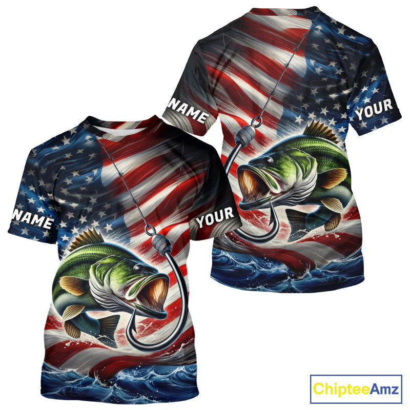 Custom Patriotic Largemouth Bass Long Sleeve Hooded Fishing, US Flag Fish Hook Bass