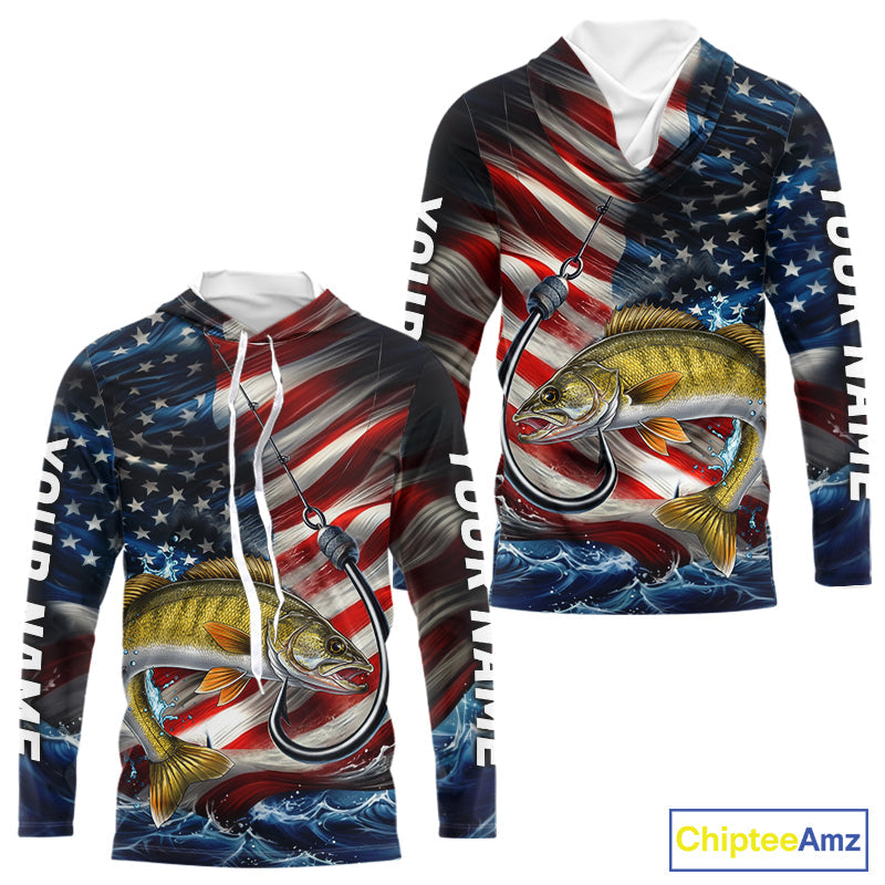 Custom Patriotic Walleye Long Sleeve Hooded Fishing, US Flag Fish Hook Walleye