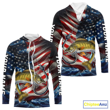 Custom Patriotic Walleye Long Sleeve Hooded Fishing, US Flag Fish Hook Walleye