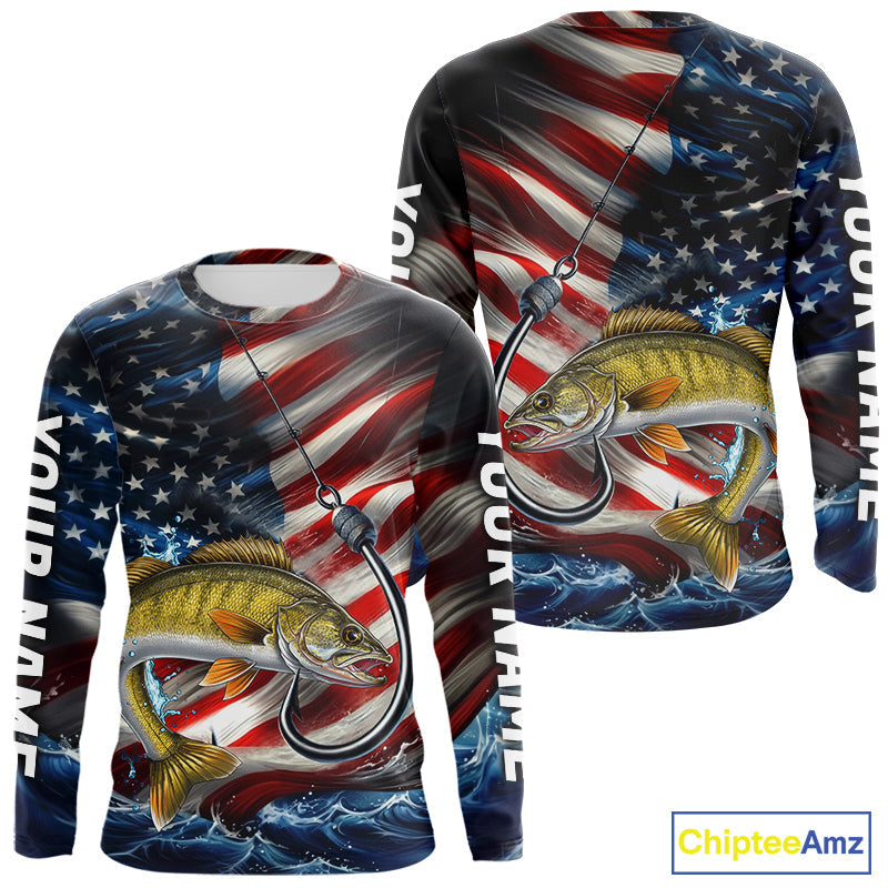 Custom Patriotic Walleye Long Sleeve Hooded Fishing, US Flag Fish Hook Walleye