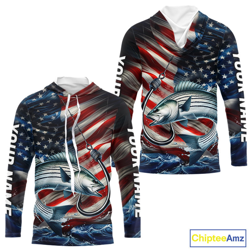 Custom Patriotic Striped Bass Long Sleeve Hooded Fishing, US Flag Fish Hook Striper