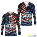 Custom Patriotic Striped Bass Long Sleeve Hooded Fishing, US Flag Fish Hook Striper