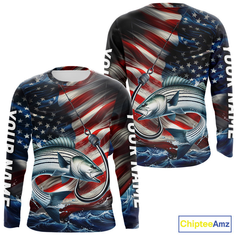 Custom Patriotic Striped Bass Long Sleeve Hooded Fishing, US Flag Fish Hook Striper