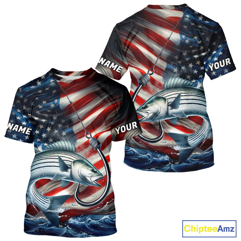 Custom Patriotic Striped Bass Long Sleeve Hooded Fishing, US Flag Fish Hook Striper