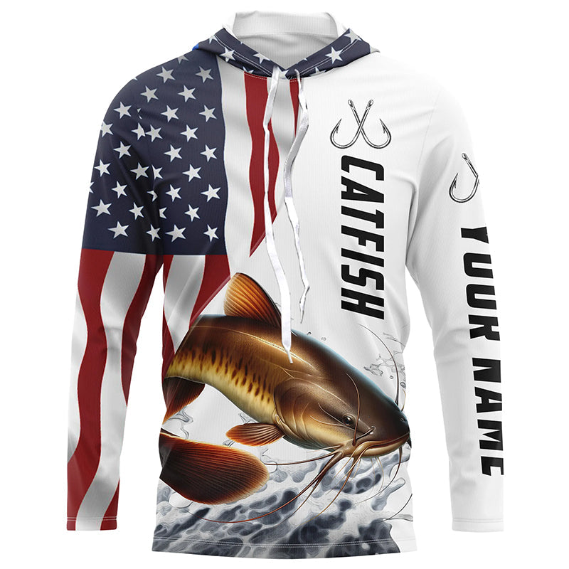 Catfish Fishing Custom Long Sleeve Fishing, American Flag Patriotic Catfish Fishing