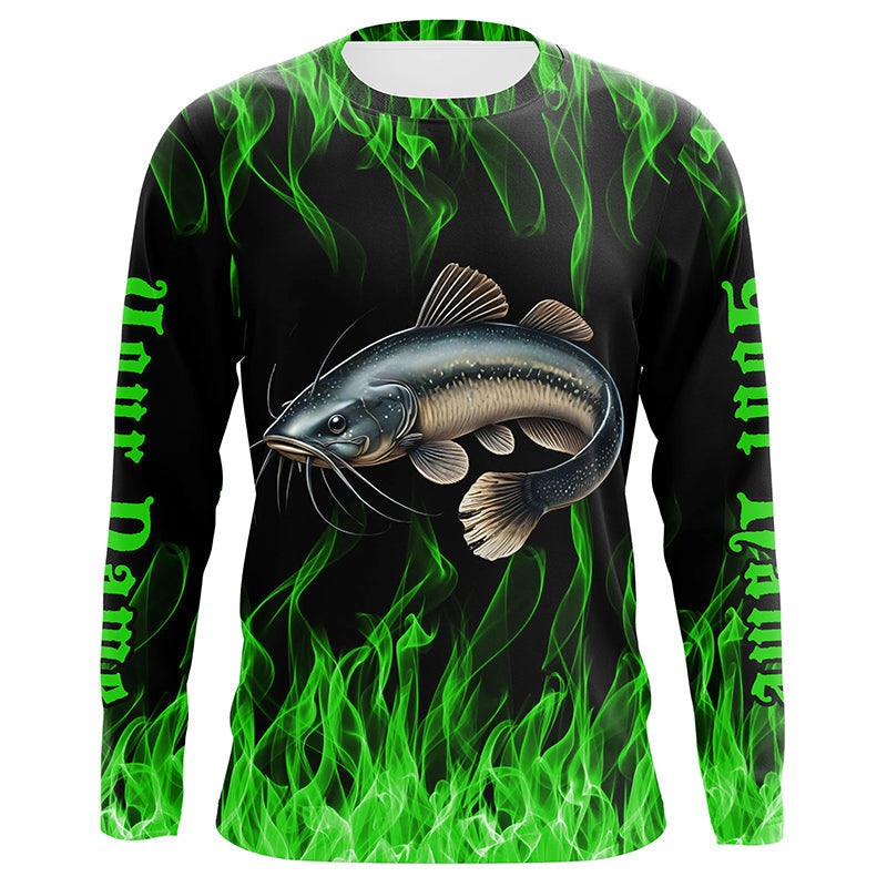 Catfish Fishing Custom Long Sleeve Fishing, Green Flame Catfish Fishing Tournament