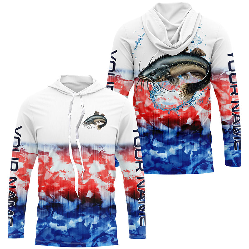 Red White And Blue Tie Dye Background Custom Patriotic Catfish Long Sleeve Fishing